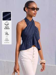 Maija Olive Green Halter Neck Criss-Cross Ruffle Backless Women's Top Urban Summer - Navy Blue - View 2