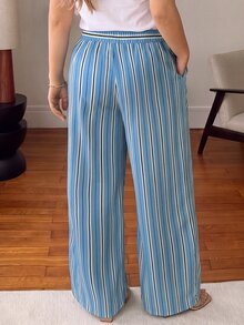 Vionelle Plus Size Striped Casual Versatile Commute Daily Outdoor Pocket Elastic Waist Wide Leg Long Pants - Blue - View 2