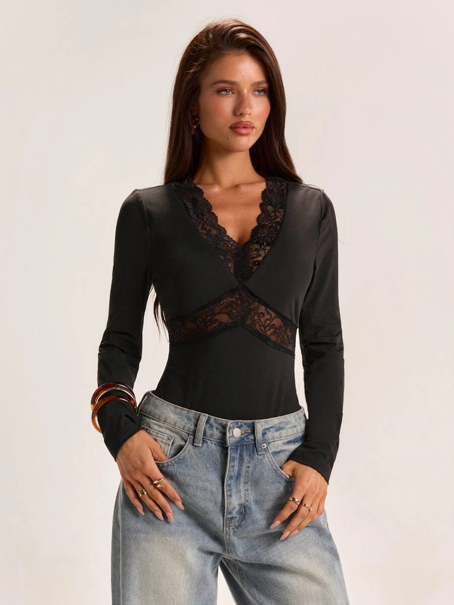 SHEIN BAE Fall Black Lace Patchwork Deep V Neck Backless Sexy Slim Fit Long Sleeve Inner Shirt Halloween Party Date Night Going Out - Black - View 1