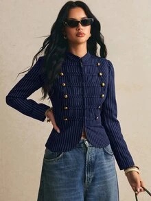 Poéselle Jaket Napoleon Kasual Wanita Lengan Panjang Bergaris dengan Kancing - Royal Blue - View 7