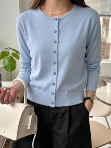 DAZY 女款素色休閒百搭日常長袖開襟衫 - 藍色 - 查看 4