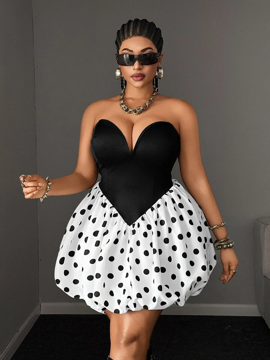Maweii Strapless Heart-Shaped Neckline Patchwork Polka Dot Bud Short Dress - Black and White - View 1