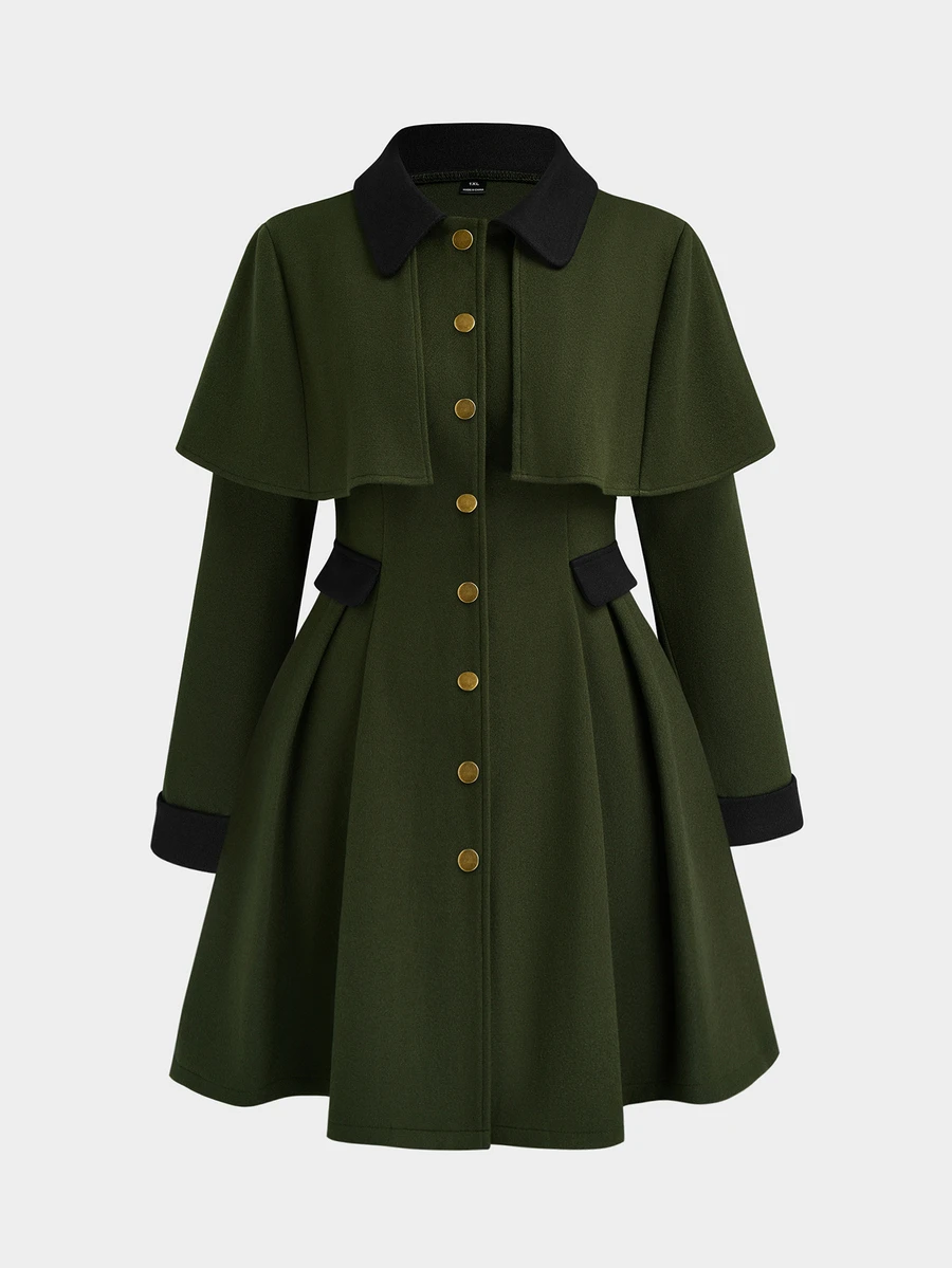 Sweetra Plus Size Women's Colorblock Pleated Fashion Versatile Overcoat - Army Green - View 1