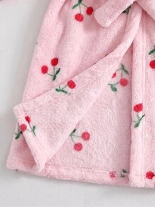 SHEIN 女嬰針織純色櫻桃圖案印花連帽人造毛休閒居家服，適合秋冬穿著 - 彩色 - 查看 4