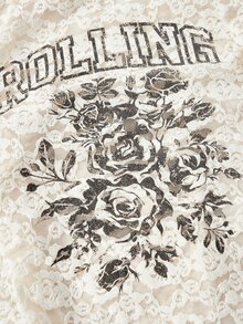 ROMWE Y2K Royal Romantic Lace Vintage Pattern Slim Fit Women's T-Shirt - Apricot - View 3