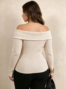 Elegantrix Women's Plus Size Spring/Autumn Off-Shoulder Lapel Pearl Button Ribbed Top, Waist-Cinching Slim Fit Pure Desire Style Long Sleeve Knit Sweater - Apricot - View 2