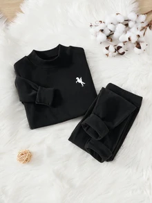 SHEIN 兒童青少年男孩休閒純色加厚保暖內裡中領長袖底層T恤與長褲內著套裝，適合居家穿著，適合疊穿，適合秋冬季節 - 黑色 - 查看 3