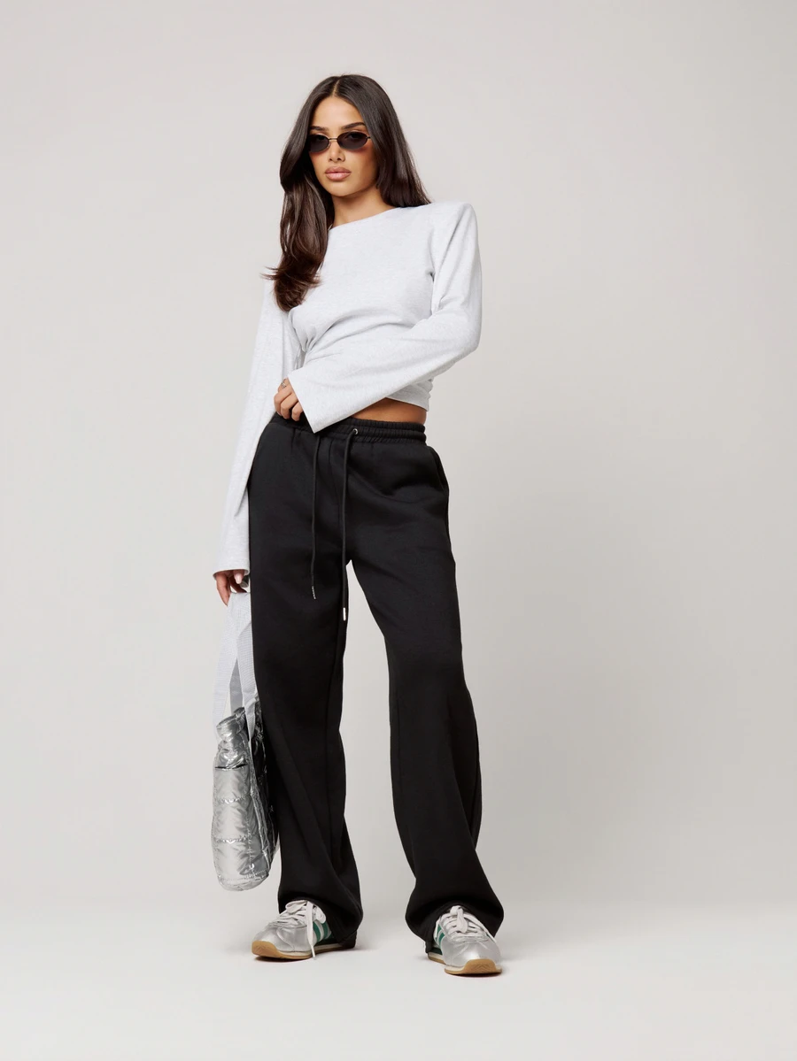 Musera Petite Flocking Wide Leg Joggers Tracksuit Bottoms Fall Autumn Winter Back To School Daily Everyday - Black - View 1