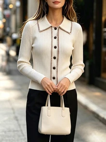 SHEIN 對比縫線彼得潘領羅紋針織開襟衫長袖鈕扣前襟修身毛衣上衣 - 白色 - 查看 4