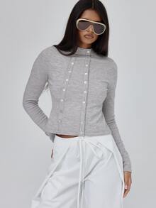 MUSERA Asymmetric Shell Button Detail Front Fitted High Neck Knitted Top Fall Autumn Winter Coolgirl Back To School Blancs - Khaki - View 1