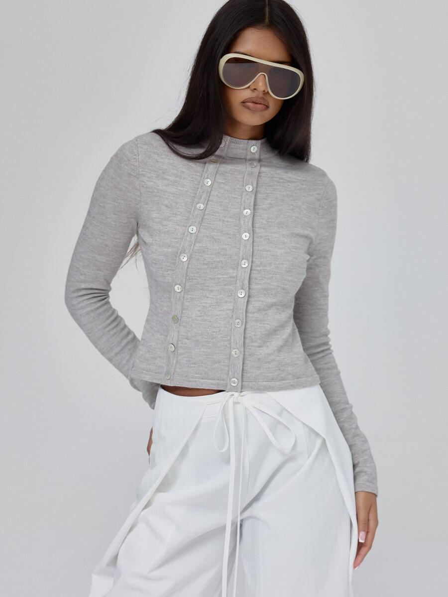 MUSERA Asymmetric Shell Button Detail Front Fitted High Neck Knitted Top Fall Autumn Winter Coolgirl Back To School Blancs - Khaki - View 1