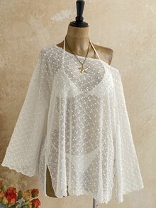 Soleia Plus Size Long Sleeve Asymmetrical Shoulder Knit Jacquard Loose Fit Slit Top Fall - White - View 5