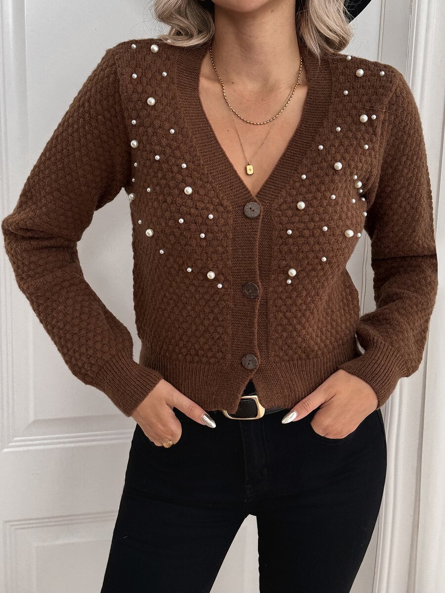 SHEIN كارديجان نسائي بأكمام طويلة أنيق مزين بالخرز محبوك للخريف/الشتاء - قهوة بني - مشاهدة 1