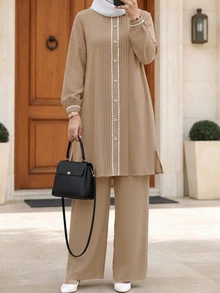 Lacomfia Plus Size Women's Minimalist Button Pleated Shirt And Loose Long Pants Set - Apricot - View 3