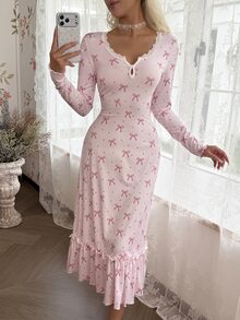 CottageSlumber Romantic Bow Print Lace Patchwork Long Sleeve Nightgown - Baby Pink - View 3