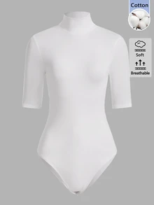 SHEIN BASICS 女款純色立領休閒日常連身衣 - 白色 - 查看 1