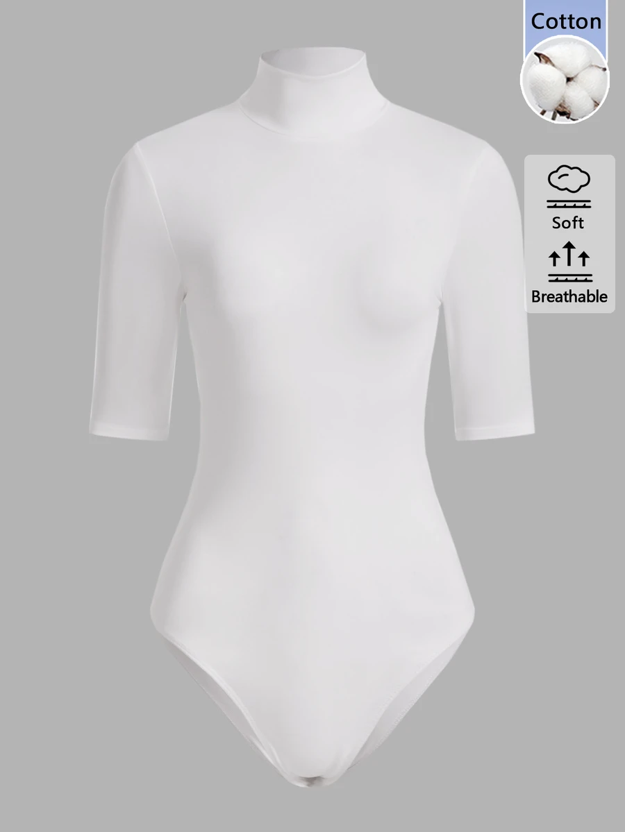SHEIN BASICS 女款純色立領休閒日常連身衣 - 白色 - 查看 1