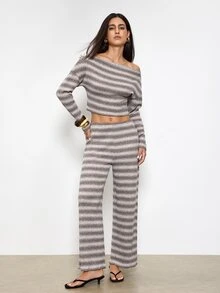 Maija Setelan 2 Potong Atasan Lengan Panjang Bergaris Blok Warna dengan Bahu Asimetris untuk Wanita, Pakaian untuk Acara Keluar, Pakaian Kerja untuk Wanita, Pakaian Musim Gugur - Coffee Brown - View 2