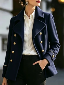 RosyDaze Women's Elegant Double-Breasted Pocket Long Sleeve Overcoat - Navy Blue - View 4