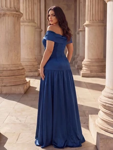 Coutiva Plus Size Women Solid Color Off Shoulder Ruched Elegant Waist-Cinched Formal Evening Gown Dress - Navy Blue - View 2