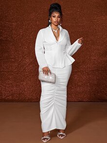Maweii Plus Size Long Sleeve Elegant Pleated Bodycon French Style Commuter Blazer Suit Set - White - View 4