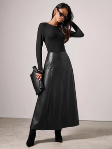 COSMINA Rok Wanita Bahan PU Hitam Elegan Minimalis Serbaguna untuk Perjalanan Musim Gugur/Dingin - Hitam - View 5