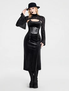 Breakform Gothic Dark Style Slimming Black Velvet Spaghetti Strap Dress - Black - View 6