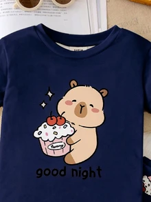 Sweet Dream 系列女童可愛水豚圖案長袖長褲睡衣套裝，舒適休閒居家服，適合秋冬，女童秋季服飾，女童睡衣套裝，女童貼身衣著 - 彩色 - 查看 4