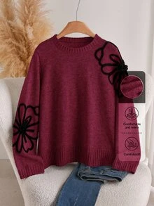CosyJoli Plus Size Women's Floral Print Casual Elegant Matching Daily Evening Family Formal Wedding Guest Long Sleeve Sweater Black Autumn - Rose Red - View 3