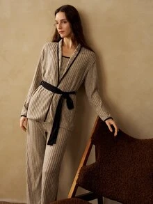 MOTF PREMIUM WOMEN'S COLORBLOCK CAMISOLE TOP, LONG SLEEVE CARDIGAN AND PANTS CASUAL DAILY HOME SLEEPWEAR SET - Coffee Brown - View 7