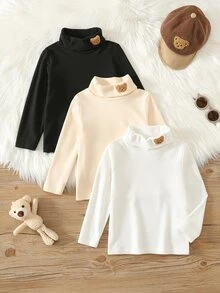 SHEIN 3件組兒童小男孩秋冬休閒卡通熊貼布圓領長袖套頭T恤上衣套裝，基礎多件裝男童上衣 - 彩色 - 查看 1