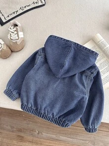 女童秋冬基礎休閒藍色寬鬆連帽牛仔外套，女童返校服飾，幼兒保暖外套 - 深色水洗藍 - 查看 2
