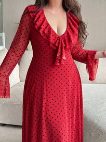 Vibekara Plus Size Women's V-Neck Flared Sleeve Party Office Sweet Sexy Dress With Ruffles And Polka Fall - Multicolor - View 3
