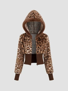 Sweetra Women's Leopard Print Patchwork Faux Fur Hooded Zip-Up Short Coffee Color Sweatshirt Jacket - Coffee Brown - View 3