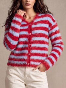 SHEIN 慵懶風 V 領撞色毛茸茸針織開襟外套 - 彩色 - 查看 5