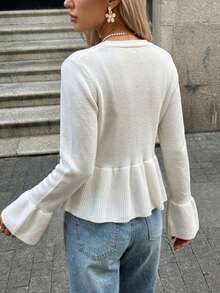 SHEIN كارديجان صوف ناعم أنيق مع فيونكة وأكمام مكشكشة وحافة خصر مشدودة - أبيض - مشاهدة 2
