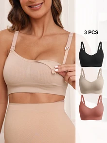 Moonlight&Mama Maternity Solid Color Ribbed Casual Seamless Nursing Bra - Multicolor - View 1