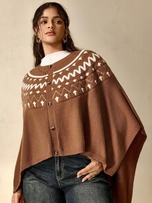Nubod Plus Size Vintage Geometric Jacquard Loose Cape Knit Sweater - Camel - View 3