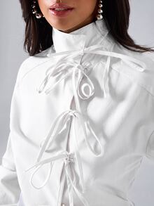 LYSMO Women's Solid Color Front Tie Long Sleeve Casual Fashion Shirt - White - View 7