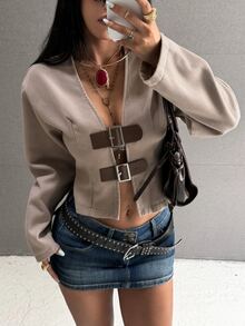EgrlEra Sexy Hot Girl V-Neck Leather Buckle Decor Waist-Cinching Slimming Short Long Sleeve Wool - Light Grey - View 4