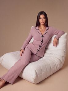 SHEIN Women's Ribbed Brushed Lapel Bow Decor Long Sleeve Top And Pants Pajama Set, Comfortable Loungewear Set For Autumn/Winter, Autumn Clothing - Purple - View 3