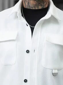 Manfinity Homme 男士純色羊毛混紡休閒長袖夾克，適合秋冬穿著，米色鈕扣開襟夾克 - 白色 - 查看 4