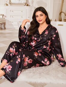 MuseNap CURVE Set Piyama Lengan Panjang Motif Bunga dengan Kerah Klasik Ukuran Plus, Pakaian Santai Rumah yang Modis dan Nyaman, Set 2 Potong - Hitam - View 6
