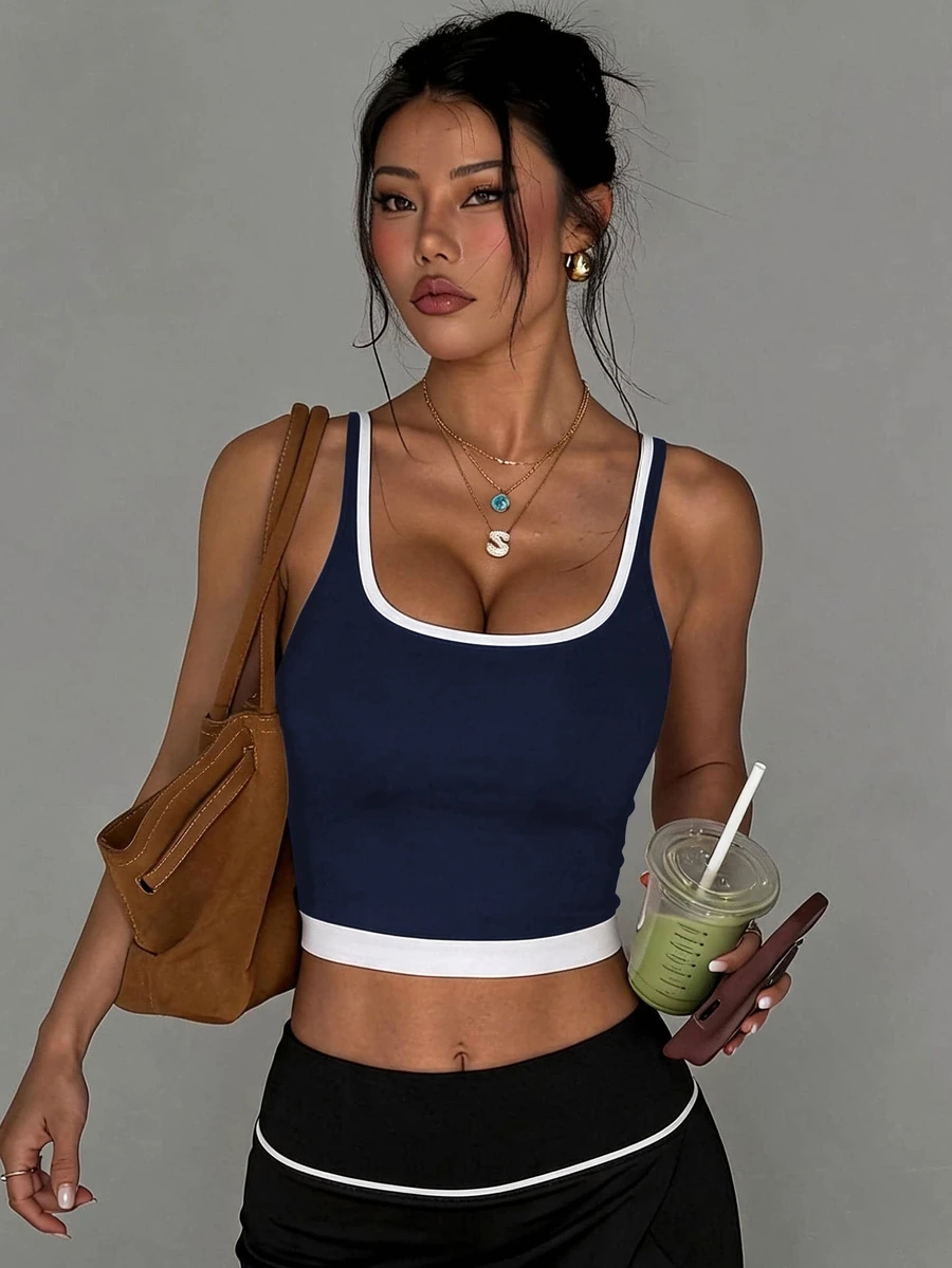 Slayform Slayform 女款運動瑜伽戶外健身背心,可調節肩帶,對比色設計 - 藏蓝色 - 查看 1
