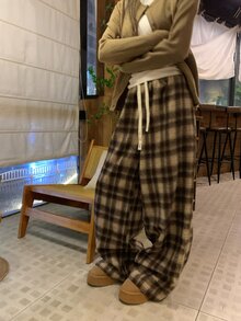 DAZY Women's Plaid Loose Casual Korean Style Long Pants - Coffee Brown - View 6