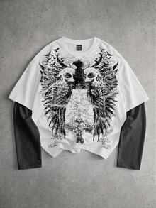 ROMWE MEN Street Life Teen Boy Dark Fashion Skull Graphic Print Patchwork Long Sleeve T-Shirt - White - View 1