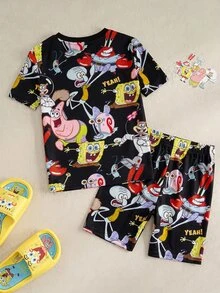 SpongeBob SquarePants | SHEIN 小男孩圓領短袖上衣與短褲休閒套裝 - 黑色 - 查看 2