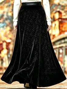 Velvienne Vintage Black Velvet Rose Embossed High Waist Mermaid Long Skirt, Slimming Flared Skirt - Black - View 2