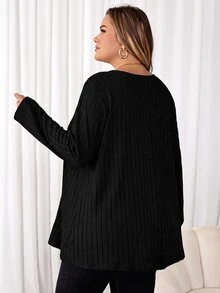SHEIN CURVE+ تي شيرت نسائي مقاس كبير بتفاصيل ختم الحروف والوصل الخريف - الأسود - مشاهدة 9