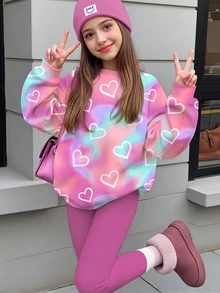 青少年女孩休閒極簡甜美可愛波點愛心漸層紮染粉色圓領長袖衛衣與內搭褲2件套，適合秋冬，舒適秋季與冬季風格，情人節，卡哇伊，慵懶，Y2K - 白色 - 查看 1